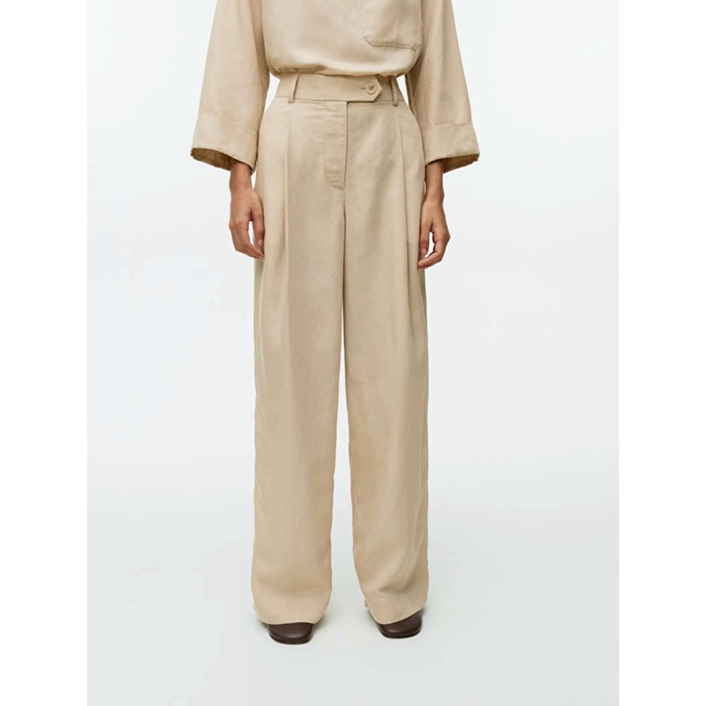 Arket Lyocell Linen Blend High Rise Wide Leg Pleated Trousers in Beige